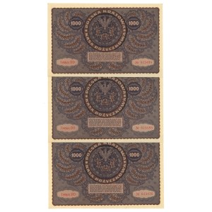 Second Polish Republic, 1000 Polish marks 1919 I Series DD - set of 3 pcs. (IV)