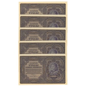 Second Polish Republic, 1000 Polish marks 1919 I Series DD - set of 5 pcs.