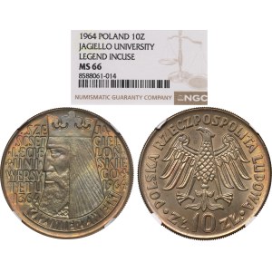 PRL, 10 Złotych 1964 Kazimierz Wielki, wklęsły napis - NGC MS66