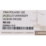 PRL, 10 Złotych 1964 Kazimierz Wielki, wklęsły napis - NGC MS66