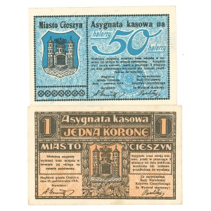 Cieszyn (Teschen), 1 koruna a 50 halerů, 1919 – sada 2 ks.