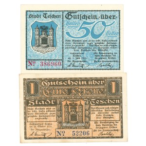 Cieszyn (Teschen), 1 koruna a 50 halerů, 1919 – sada 2 ks.