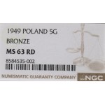 People's Republic of Poland, 5 groszy, 1949 - NGC MS63 RD