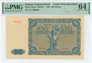 PRL, 100 złotych 1948 - AA 0000000 - AKCEPT - PMG 64