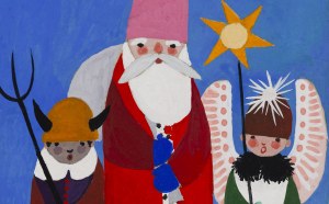 Zdzisław Witwicki (1921 - 2019), Mikołaj i kolędnicy, projekt kartki świątecznej