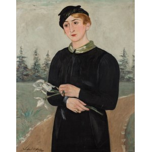 Wlastimil Hofman (1881 Praga - 1970 Szklarska Poręba), Portret żony Ady z irysami, 1934 r.