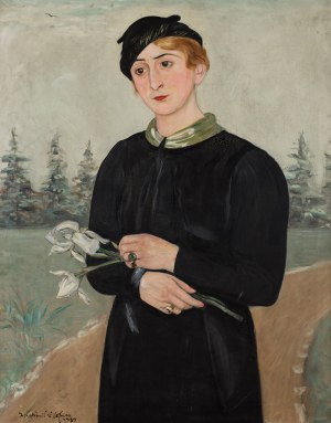Wlastimil Hofman (1881 Praga - 1970 Szklarska Poręba), Portret żony Ady z irysami, 1934 r.
