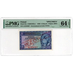Londyn, 5 złotych 1939 - WZÓR - A 1234567 - PMG 64 EPQ