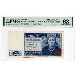 Londýn, 20 zlatých 1939 - SPECIMEN - K 000000 - č. 18 - PMG 63