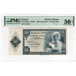 ABNCo, 50 złotych 1939 - jednostronna próba druku awersu - RZADKOŚĆ - PMG 50 NET