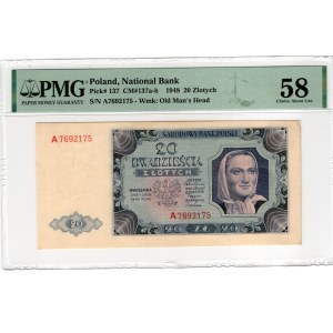 20 złotych 1948, seria A - PMG 58 - rzadka pierwsza seria
