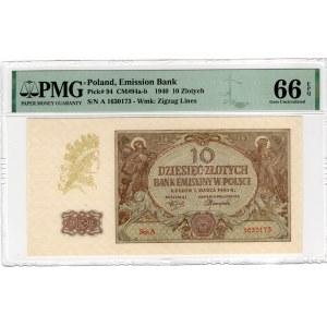 10 złotych 1940, seria A - PMG 66 EPQ - rzadsza pierwsza seria