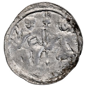 Bolesław III the Crooked-Mouthed, 1107–1138, Denarius, Obverse: The Prince and St. Adalbert; Reverse: A cross with dots between its arms, inscription.