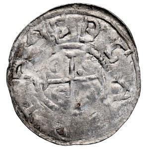 Bolesław III the Crooked-Mouthed, 1107–1138, Denarius, Obverse: The Prince and St. Adalbert; Reverse: A cross with dots between its arms, inscription.