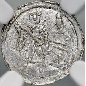 Bolesław III the Wry-Mouthed, 1107–1138, Denarius, Obverse: Battle with a dragon; Reverse: Cross with dots between the arms.