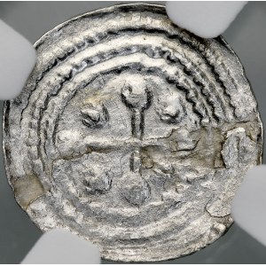 Bolesław III the Wry-Mouthed, 1107–1138, Denarius, Obverse: Battle with a dragon; Reverse: Cross with dots between the arms.