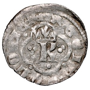 Kazimír Veľký 1333–1370, ruský kvartník, averz: písmeno K v ornamentálnom vyhotovení, reverz: lev.