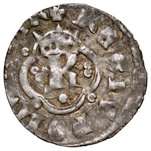 Casimir the Great, 1333–1370, Ruthenian quarter-real coin; Obverse: The letter K in an ornamental design; Reverse: A lion.