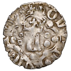 Louis of Hungary, 1370–1382, Ruthenian quartering coin; obverse: a crowned letter L; reverse: a crown.