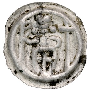 Teutonic Order, Button-shaped bracteate, Obverse: A knight of the Order holding a shield, with a pennant and a cross on either side.