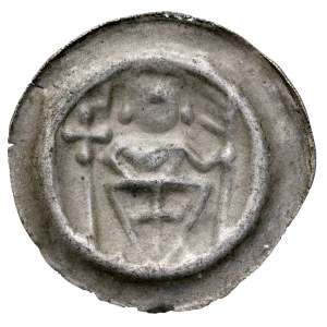 Teutonic Order, Button-shaped bracteate, Obverse: A knight of the Order holding a shield, with a cross and a banner at his side.