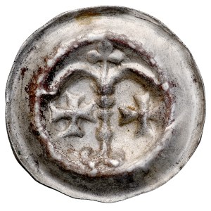 Teutonic Order, Button-shaped bracteate, Obverse: Two arches resting on a pillar, with two small crosses below them and three dots above the pillar.