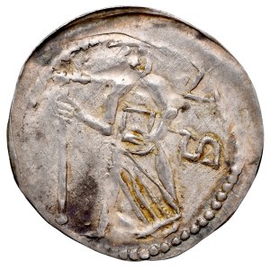 Ks. Opolsko-Raciborskie, Bolesław Wysoki 1177-1195, Denar, Wrocław, Av.: Biskup z krzyżem, litery VS, Rv.: Walka z lwem.