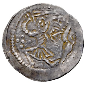 Diocese of Opole-Racibórz, Bolesław the Tall, 1177–1195, Denarius, Wrocław, Obverse: Bishop with a cross, letters VS; Reverse: Battle with a lion. SINGLE-SIDED.
