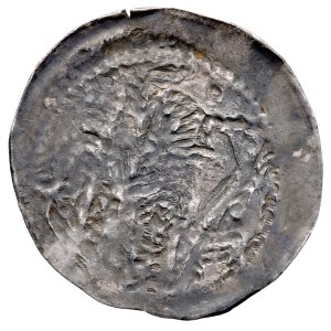 Diocese of Opole-Racibórz, Bolesław the Tall, 1177–1195, Denarius, Wrocław, Obverse: Bishop with a cross, letters VS; Reverse: Battle with a lion. SINGLE-SIDED.