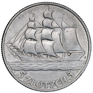 Second Polish Republic, 5 zlotych, 1936, Sailing Ship, Warsaw.