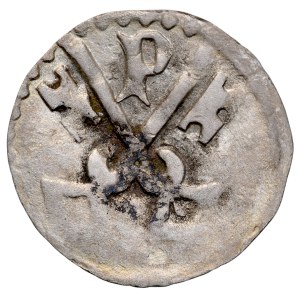 Ludwik Węgierski 1370-1382, Denar P, Poznań, Av.: Herb Andegawenów w tarczy, Rw: Herb miasta Poznania - dwa skrzyżowane klucze, nad nimi litera P. RRR.