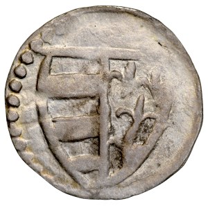 Ludwik Węgierski 1370-1382, Denar P, Poznań, Av.: Herb Andegawenów w tarczy, Rw: Herb miasta Poznania - dwa skrzyżowane klucze, nad nimi litera P. RRR.