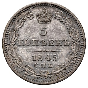 Rusko, Nikolaj I. 1825–1855, 5 kopiek 1845 СПБ-КБ, Petrohrad.