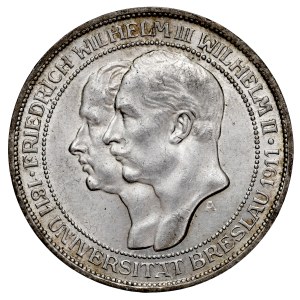 Allemagne, Prusse, Guillaume II (1888-1918), 3 marks 1911 A, Berlin, 100e anniversaire de l'université de Wrocław.
