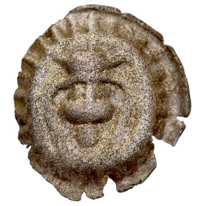 Pomerania Occidentale, bracteato a bottone del XIII secolo, Gryfia, Greifswald, dritto: testa coronata, bordo dentellato. RR.