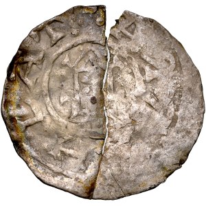 Bolesław the Brave, 992–1025; denarius from around 1000; Greater Poland; Obverse: The prince’s head facing left; inscription: BOLEZLAVVS; Reverse: A chapel; inscription: AREAHLAT; RRR.