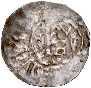 Bolesław Chrobry 992-1025, Denar po 1000 roku, Wielkopolska, naśladownictwo denara typu Otto-Adelheid-Pfennige (OAP), Av.: Smukła kapliczka z charakterystycznymi pałąkami po bokach, legenda imitacją napisu; Rv.: Krzyż, między ramionami kropki, legenda imi