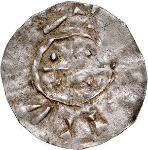 Bolesław Chrobry 992-1025, Denar po 1000 roku, Wielkopolska, naśladownictwo denara typu Otto-Adelheid-Pfennige (OAP), Av.: Smukła kapliczka z charakterystycznymi pałąkami po bokach, legenda imitacją napisu; Rv.: Krzyż, między ramionami kropki, legenda imi