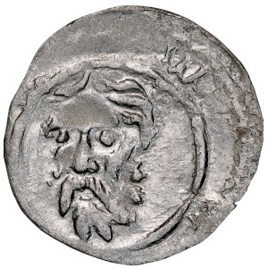 Silesia, Duchy of Wrocław, Sigismund of Luxembourg 1419–1437, haler, ca. 1422, obverse: Head of St. John; reverse: Bohemian Lion, Wrocław.