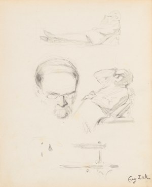 Eugeniusz ZAK (1887-1926), Szkice głowy mężczyzny, leżącej postaci męskiej, mebla, psa, 1904