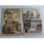 SET OF 4 POSTCARDS RZESZOW WOODCUT KIERNAS 1944, POST OFFICE BUILDING, CITY HALL, DISTRICT COURT, PARISH CHURCH