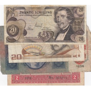 Austria, 2 Kronen, 10 Kronen and 20 Shillings (2), 1915/ 1917 / 1967/ 1986, POOR / FINE, p50/p51 /p148, (Total 4 banknotes)