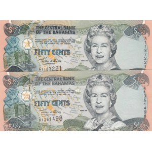 Bahamas, 50 Cents, 2001, UNC, p68, (Total 2 Banknotes)