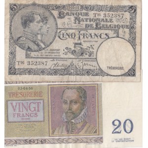 Belgium, 20 Francs and 5 Francs, 1956/ 1936, VF/ FINE, p132b/ p108a, (Total 2 Banknotes)