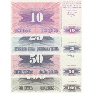 Bosnia Herzegovina, 10 Dinara, 25 Dinara, 50 Dinara and 100 Dinara, 1992, UNC, p10/p11/p12/p13, (Total 4 banknotes)