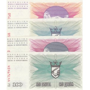 Bosnia Herzegovina, 10 Dinara, 25 Dinara, 50 Dinara and 100 Dinara, 1992, UNC, p10/p11/p12/p13, (Total 4 banknotes)