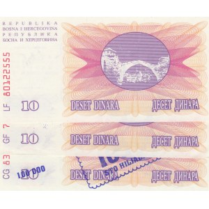 Bosnia Herzegovina, 10 Dinara, 1992, UNC, p10, (Total 3 banknotes)