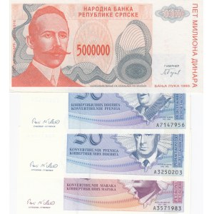 Bosnia Herzegovina, 50 Pfeniga, 50 Pfeniga, 5 Maraka ve 5000 Dinara, 1998/ 1993, UNC, p57a/ p58a/ p61a/ p152a, (Total 4 Banknotes)