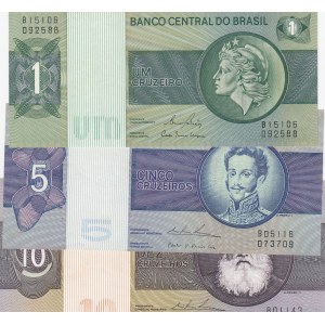 Brazil, 1 Cruzeiro, 5 Cruzeiro and 10 Cruzeiro, 1970/1980, UNC, (Total 3 banknotes)