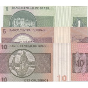 Brazil, 1 Cruzeiro, 5 Cruzeiro and 10 Cruzeiro, 1970/1980, UNC, (Total 3 banknotes)